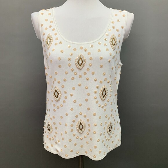Gardy Women's Knit Tank Top Size Large White Beaded Sleeveless NWT - Picture 1 of 7